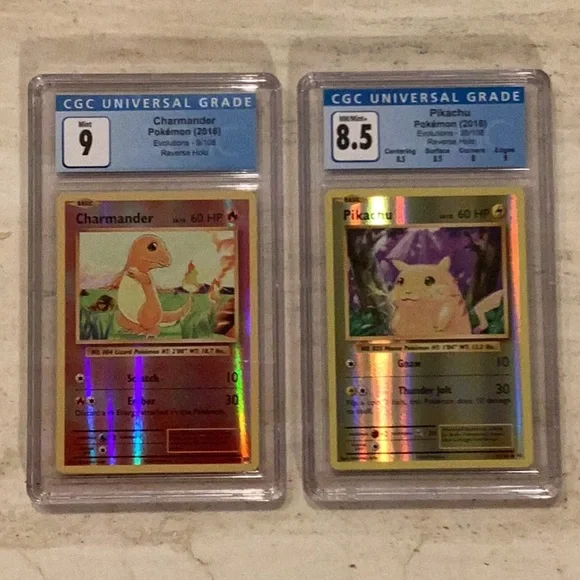 Pokemon Pikachu 2016 XY Evolutions 35/108 Reverse Holo & Charmander 9/108 CGC 9 - Picture 6 of 8